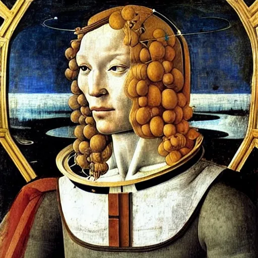 Prompt: beautiful renaissance painting portrait of an astronaut floating in space by sandro botticelli, jan van eyck, tiziano vecelli, piero della francesca