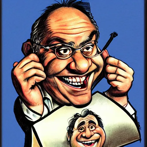 Prompt: a caricature portrait of Danny DeVito drawn by Mort Drucker Mad Magazine