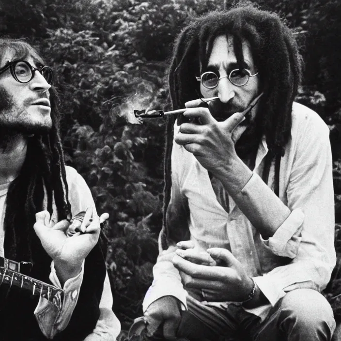 Image similar to john lennon smoking a joint with bob Marley, photograph by Willy Spiller, 1970s