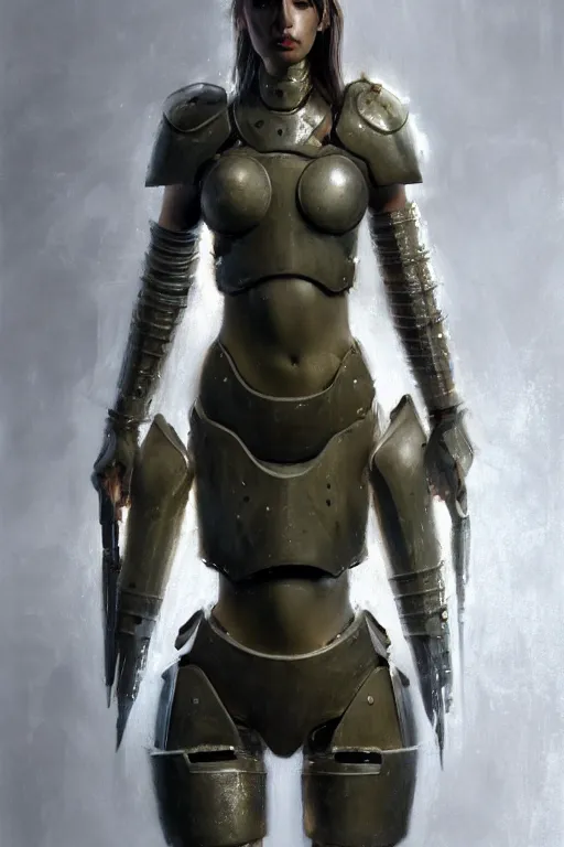 Prompt: a photorealistic painting of an attractive young girl, partially clothed in dirty metal-plated battle armor, olive skin, long dark hair, beautiful bone structure, symmetrical face, perfect eyes, intricate, elegant, digital painting, concept art, illustration, sharp focus, minimal artifacts, volumetric lighting, from Metal Gear, in the style of Ruan Jia and Mandy Jurgens and Greg Rutkowski, trending on Artstation, award winning