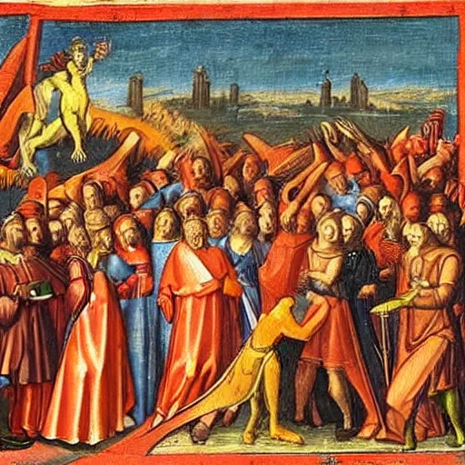 Image similar to a medieval painting of the hell as described by Dante Alghieri. Very detailed. High quality. Colorful.