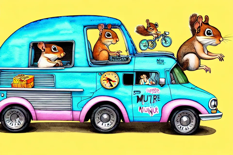 Prompt: cute and funny, squirrel riding in a mystery machine van, ratfink style by ed roth, centered award winning watercolor pen illustration, isometric illustration by chihiro iwasaki, edited by range murata, tiny details by artgerm and watercolor girl, symmetrically isometrically centered, sharply focused