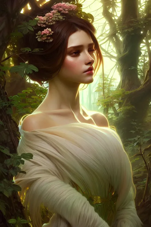 Image similar to beautiful digital painting of a stylish female forest with high detail, 8 k, stunning detail, works by artgerm, greg rutkowski and alphonse mucha, unreal engine 5, 4 k uhd