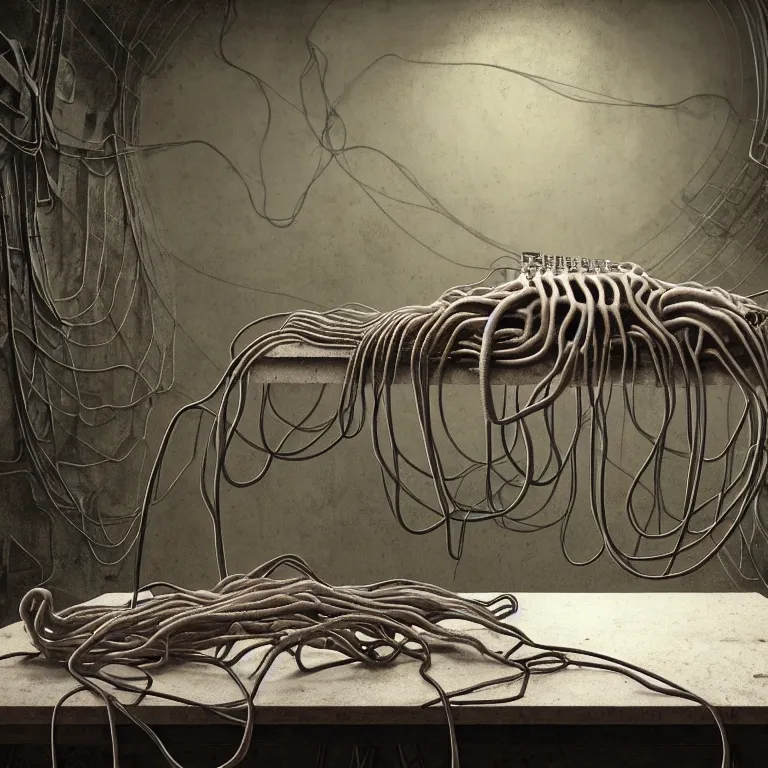 Image similar to still life of abandoned ribbed robot laying on a table, white human spine, covered with tentacles, roots, wires, tubes, baroque painting, standing in a desolate empty wasteland, creepy, nightmare, dream-like heavy atmosphere, surreal abandoned buildings, baroque painting, beautiful detailed intricate insanely detailed octane render trending on Artstation, 8K artistic photography, photorealistic, chiaroscuro, Raphael, Caravaggio, Beksinski, Giger