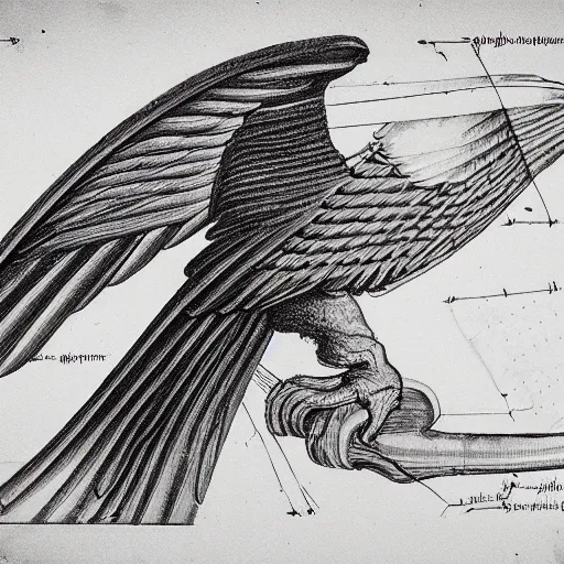 Prompt: Technical drawing of an eagle with a detailed description. Leonardo Da Vinci style