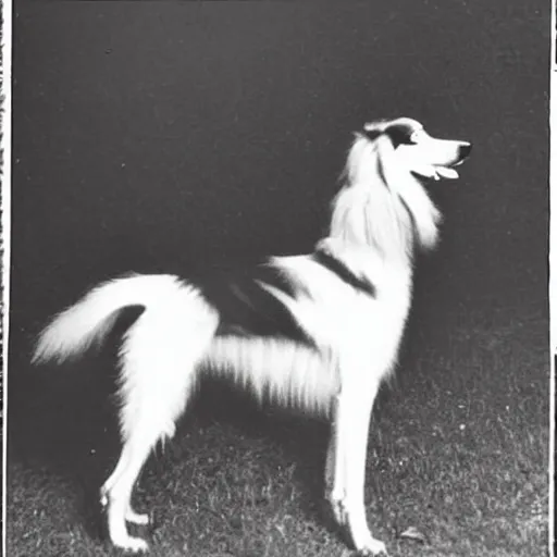 Prompt: old creepy lost photograph of grinning borzoi dog