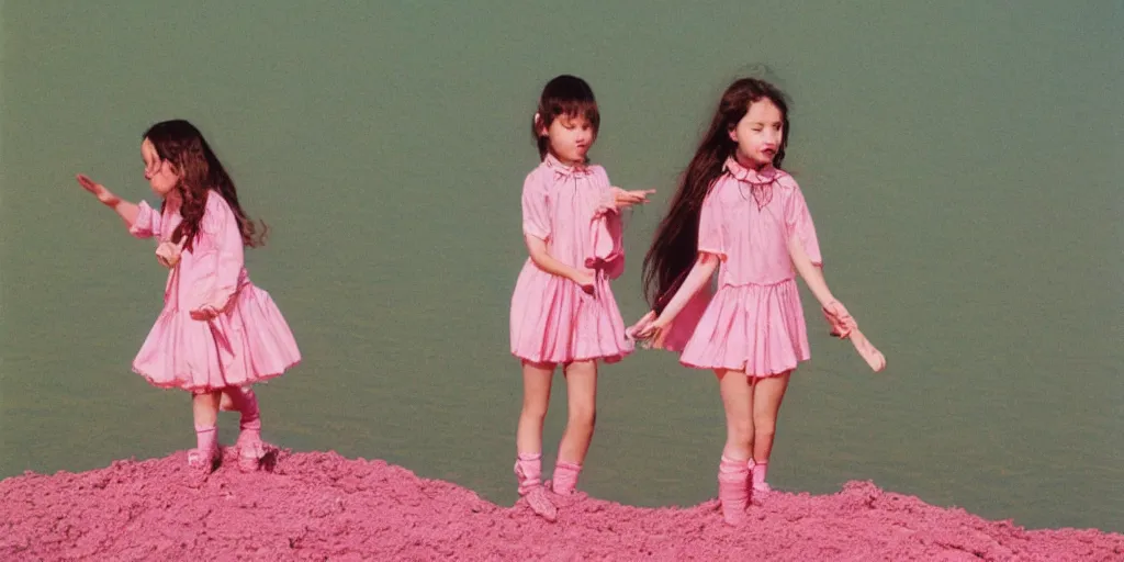 Image similar to 3 5 mm photography of kids wearing a codex seraphinianus costume in a pink lake h 1 2 0 0