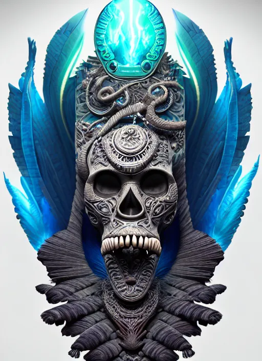 Image similar to 3 d shaman with tattoos profile portrait, sigma 5 0 0 mm f / 5. beautiful intricate highly detailed quetzalcoatl skull and feathers. bioluminescent, plasma, lava, ice, water, wind, creature, thunderstorm! artwork by tooth wu and wlop and beeple and greg rutkowski, 8 k trending on artstation,