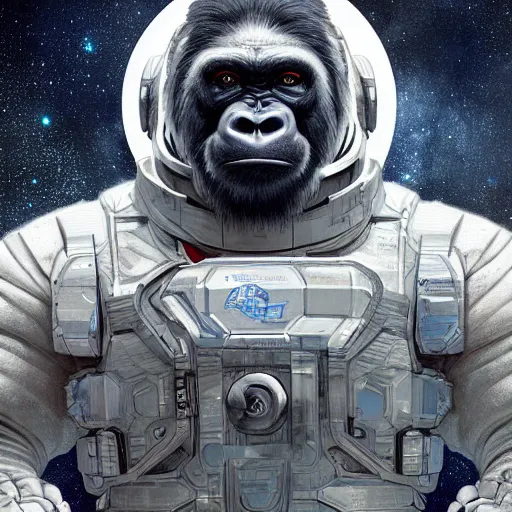 Image similar to detailed science - fiction character portrait of a silverback gorilla wearing a white armored space suit, intricate, wild, highly detailed, digital painting, artstation, concept art, smooth, sharp focus, illustration, art by artgerm and greg rutkowski and alphonse mucha