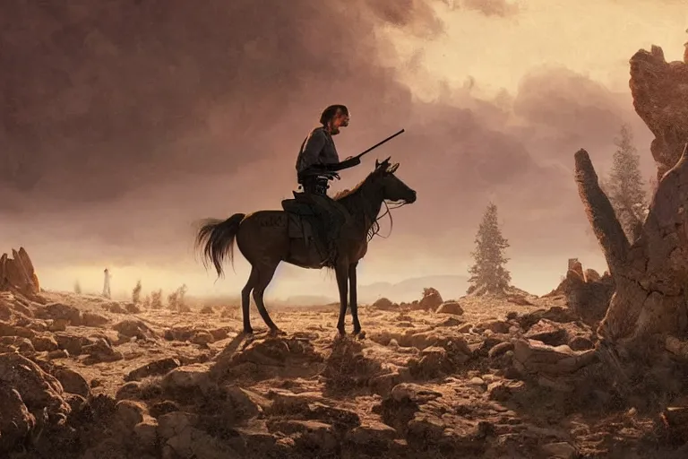 Prompt: an ultradetailed image of sam winchester as an old west gunfighter shooting at a charging wendigo, ultrawide lens, aerial photography, desert landscape with snowy mountains in the far background, masterpiece, 8 k, art by greg rutkowski and albert bierstadt