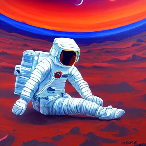 Image similar to an astronaut laying on mars in the style of flooko, acrylic art, detailed, moonlight
