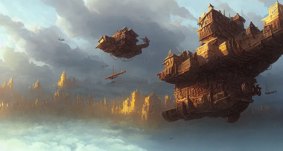 Prompt: low fantasy, landscape an floating town in the sky and an sky - ship flying towards it andreas rocha