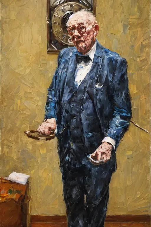 Image similar to palette knife oil painting portrait of graham, an old fellow in a three - piece suit and monocle, peering over from his heavy, lacquered oak reception desk, extreme detail, artstation trending, artgerm, any racial background, deviant art, octane, substance, art history 8 k