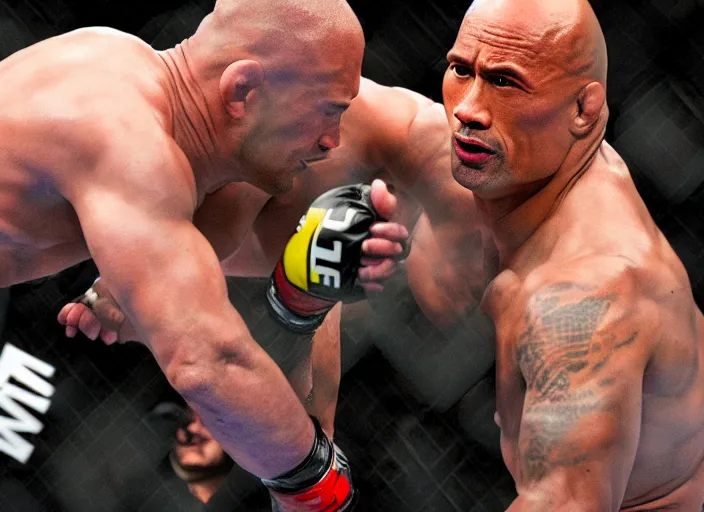 Image similar to dwayne the rock johnson knocking out an opponent in the ufc, 4 k, photorealistic