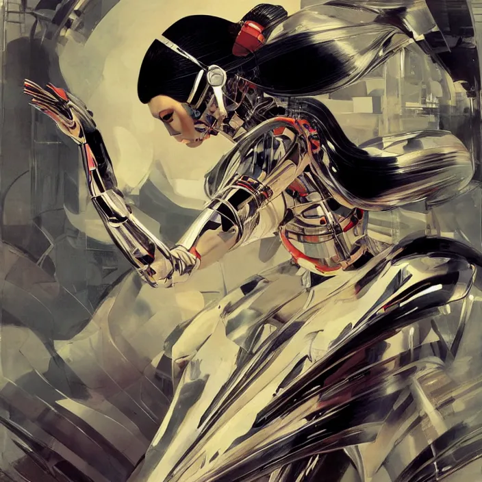 Prompt: geisha cyborg, full body, high fashion, futurism, aerodynamic, flowing, intricate, slick, highly detailed, digital painting, vogue, concept art, smooth, sharp focus, hd, art by syd mead and john berkey and annie leibovitz