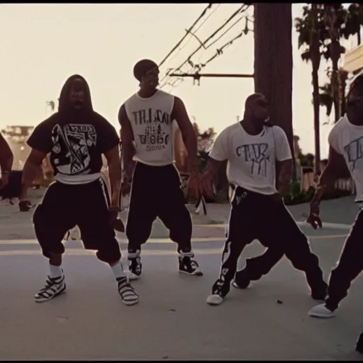 Prompt: Film still of Los Angeles Thunder Squad (1990). Hip-hop ninja confrontation scene. Sigma 85mm f/1.4