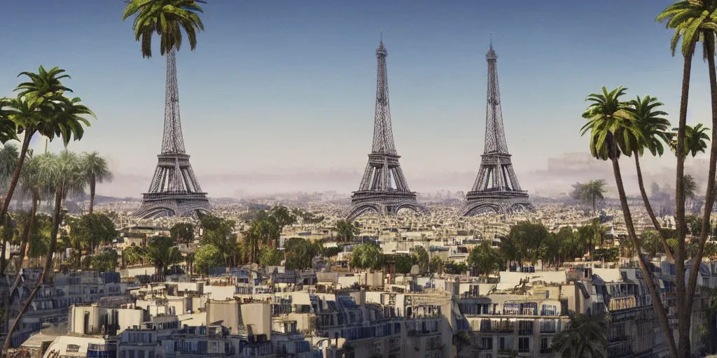 Prompt: landscape of the beautiful city of paris built in california, amazing sunny weather, eiffel tower next to the beach, palm trees, splendid haussmann architecture, digital painting, highly detailed, intricate, without duplication, art by craig mullins, greg rutkwowski, concept art, matte painting, trending on artstation, octane render, 8 k