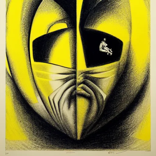 Image similar to yellow ranger lithography on paper conceptual figurative ( post - morden ) monumental dynamic soft shadow portrait drawn by hogarth and escher and francis bacon, inspired by goya, illusion surreal art, highly conceptual figurative art, intricate detailed illustration, controversial poster art, polish poster art, geometrical drawings, no blur