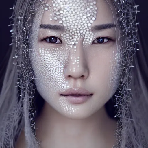 Image similar to intricate highly detailed face portrait of asian - european woman, silver water vines on her face, intricate, cgsociety, unreal engine, octane render, sharp focus, smooth, volumetric lighting, cinematic composition, artstation