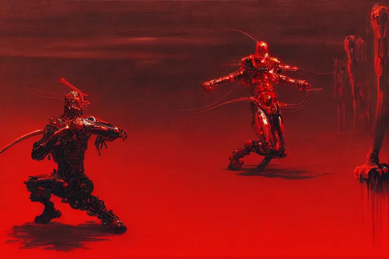 Image similar to only with red, a red cyborg samurai, tokio futuristic in background, some evil yokai fight, in the style of beksinski, parts by edward hopper, parts by rodcenko, parts by yue minjun, intricate and epic composition, red by caravaggio, insanely quality, highly detailed, masterpiece, red light, artstation, 4 k