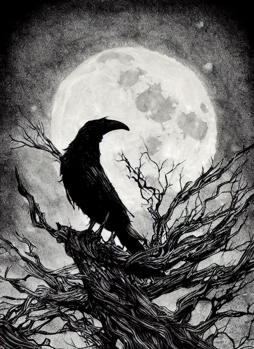 Image similar to crow on tree in front of the full big moon, dramatic lighting, cinematic, establishing shot, extremely high detail, foto realistic, cinematic lighting, pen and ink, intricate line drawings, by Yoshitaka Amano, Ruan Jia, Kentaro Miura, Artgerm, post processed, concept art, artstation,