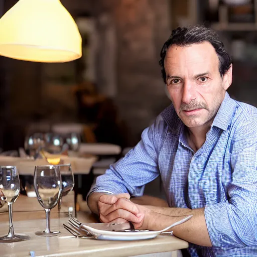 Prompt: photo in the year 1 9 8 4 of a frenchman from france seated in a restaurant. 5 0 mm, studio lighting