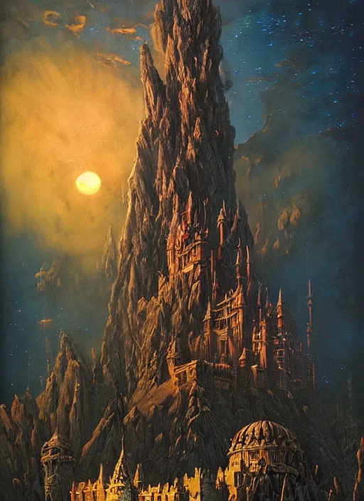 Prompt: giant gorgeous castle with a lot of small towers and spikes, deep night scene with a lot of fire and magical sky with two moons and a lot of stars. d & d, dark fantasy, gorgeous lighting, highly detailed, volumetric lights. by zdzisław beksinski and norman rockwell and greg rutkowski. weta studio, and lucasfilm