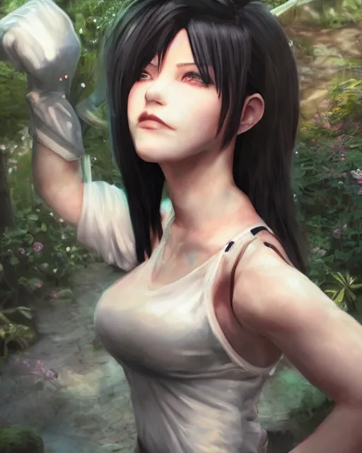 Prompt: tifa lockhart with white hair, beautiful face, garden, utopian city, solarpunk, perfect, attractive, illuminated, ultra realistic, atmosphere, cinematic, artstation, highly detailed, art by blair armitage and seunghee lee