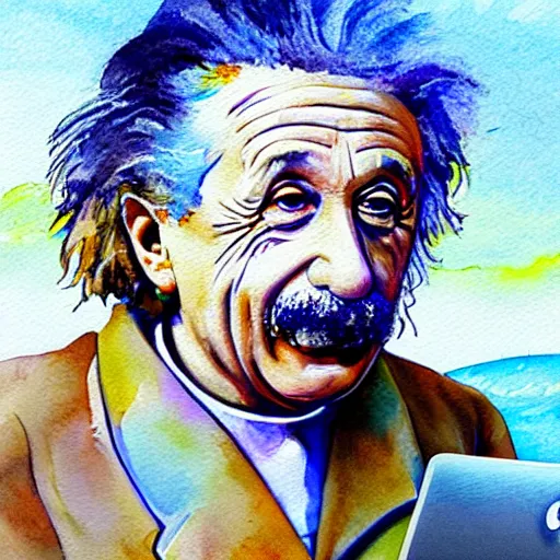 Prompt: Einstein working on beach with MacBook in AirPods, detailed, high res, watercolors on canvas