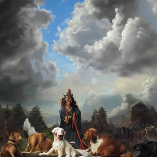 Prompt: the god of dogs from the heaven talking to his dog nation, illustration, 8 k, oil painting,