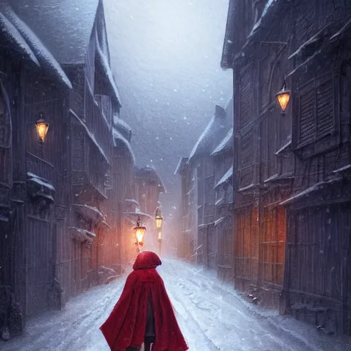 Image similar to girl in red cloak walks through snowy town by lamplight, detailed intricate ink illustration, dark atmosphere, detailed illustration, hd, 4k, digital art, overdetailed art, concept art, by greg rutkowski, by loish, complementing colors, Trending on artstation, deviantart