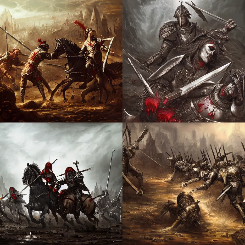 Prompt: a gorgeous and detailed gothic painting of knights fighting in bloodied mud. Trending on artstation. 4k.