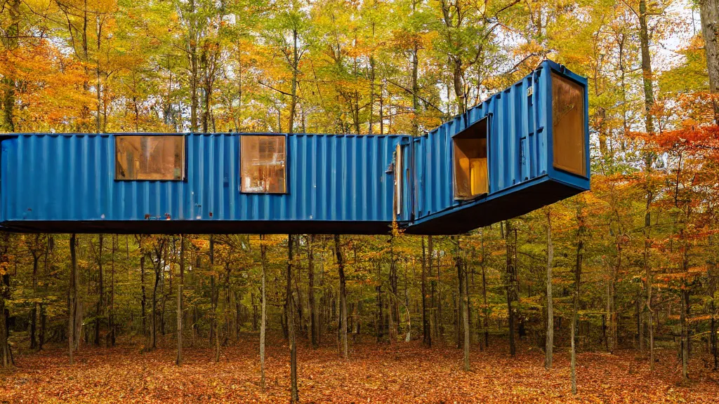 Prompt: modernist shipping container treehouses in william penn state forest, pennsylvania, usa, autumn