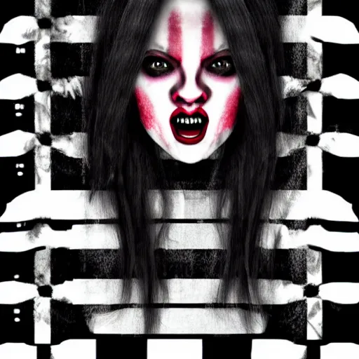 Prompt: adorable horrorpunk girl, flashy modern vibrant background with black stripes, digital art