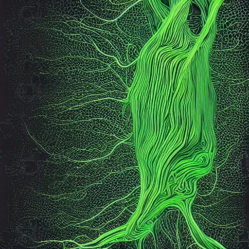 Image similar to nervous system immersed in green liquid, illustration, abstract painting