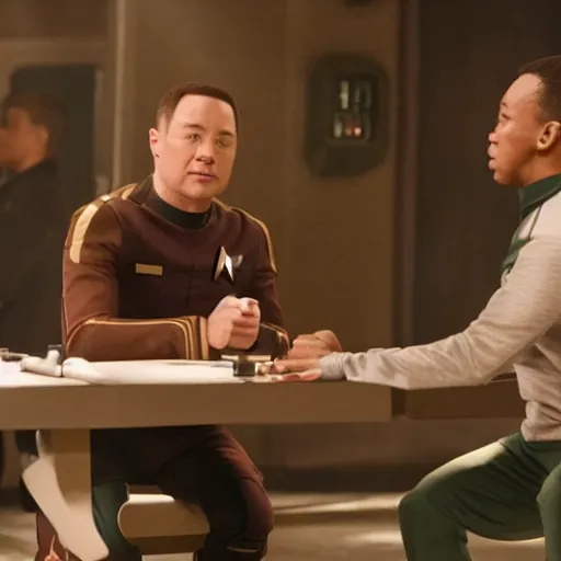 Prompt: isaac from the orville and data from star trek arm wrestling on the holodeck with the cast of both shows cheering on from the sidelines, 8 k, sharp focus, cinematic lighting, highly detailed, perfect anatomy,