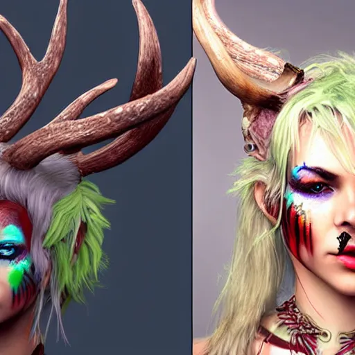 Image similar to tiefling druid with deer antlers growing out of their head blonde hair and large tribal jewelry and face paint