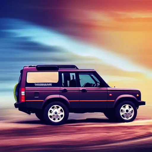 Image similar to land rover discovery driving down a windey road with noctoluminescent clouds in the sky, simplistic style, 1 9 8 0 s poster style