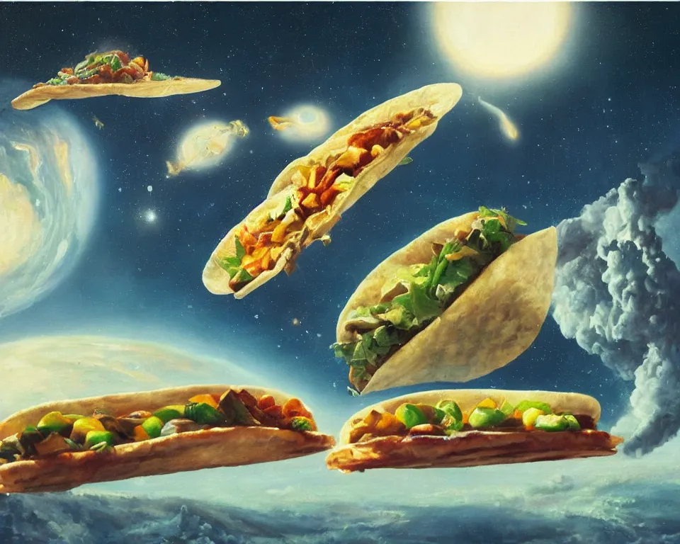 Image similar to an achingly beautiful oil painting of a derelict Taco Bell orbiting planet earth by Raphael and Hopper.