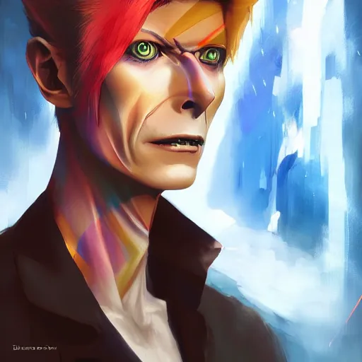 Image similar to An anime portrait of David Bowie, by Stanley Artgerm Lau, WLOP, Rossdraws, James Jean, Andrei Riabovitchev, Marc Simonetti, and Sakimichan, tranding on artstation