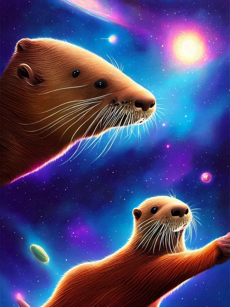 Prompt: a portrait of an otter swimming through the galaxy, detailed, digital painting, artstation, concept art, art by rhads, art by miyazaki