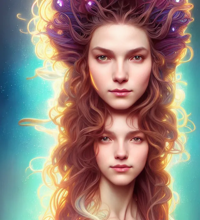 Image similar to symmetry!! portrait of hippie girl smiling, glowing hair!! serene, intricate, elegant, highly detailed, digital painting, artstation, concept art, smooth, sharp focus, illustration, art by artgerm and greg rutkowski and alphonse mucha, 8 k