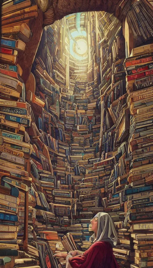 Prompt: The oracle of readers surrounded by ancient books, italian futurism, Dan Mumford, da vinci, Josan Gonzalez