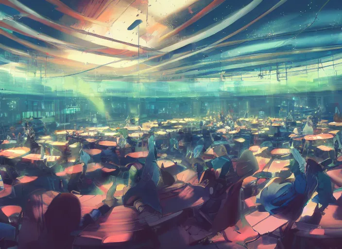 Image similar to anime background clean neat clarity professional visual development set design, large hall, a lot of people sitting on round 1 0 tables, dim painterly lighting volumetric aquatics, impasto, trending on pixiv