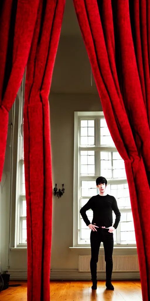 Image similar to androgynous male with black short hair and pale skin is standing in front of a mirror surrounded by victorian interior in a room with tall windows deep red curtains and moos green flooring. volumetric lighting, petspective room layout