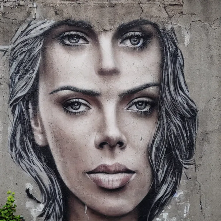 Image similar to Detailed street-art portrait of Scarlett Ingrid Johansson in style of Banksy