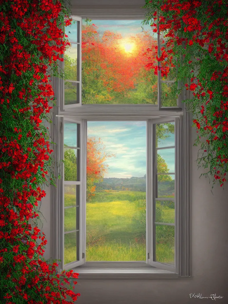 Image similar to a interior photo of a vintage house single window with view to the sunrise near some red flowers, hyperrealistic, digital painting, masterpiece, high quality, highly detailed, high coherence, path traced, serene landscape, beautiful, elegant, bloom, godrays, complementary colors, natural lighting, symmetrical, low contrast, geometrically correct