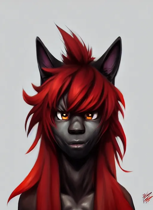 Image similar to character concept art of a black anthropomorphic furry male wolf long red hair | | cute - fine - face, pretty face, key visual, realistic shaded perfect face, fine details by stanley artgerm lau, wlop, rossdraws, james jean, andrei riabovitchev, marc simonetti, and sakimichan, trending on artstation