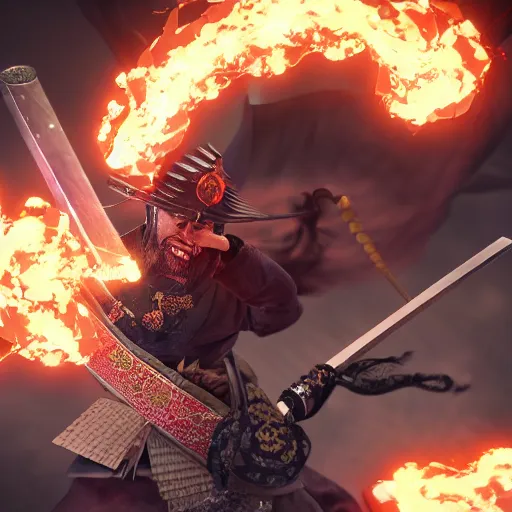 Prompt: japanese samurai disintegrating into crystals wielding a flaming katana, volumetric lighting, dynamic composition, hyper detailed, ultra realistic, sharp focus, octane render, concept art