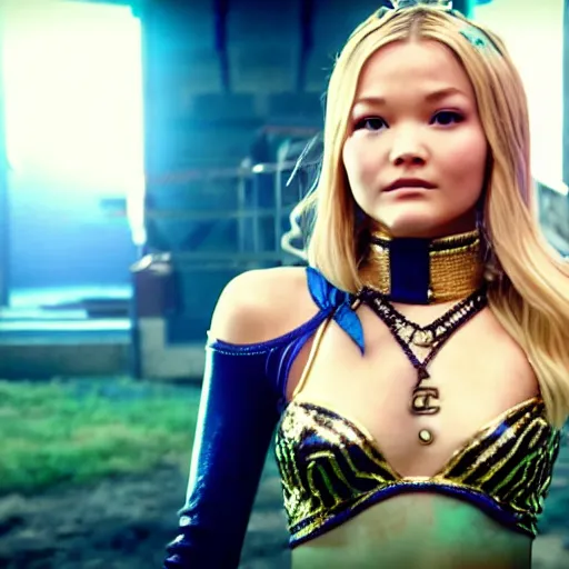 Image similar to cinematic scene with olivia holt as jolyne from jojo's bizarre adventure, live action film, stone ocean, dramatic, small details, volumetric lighting, still frame